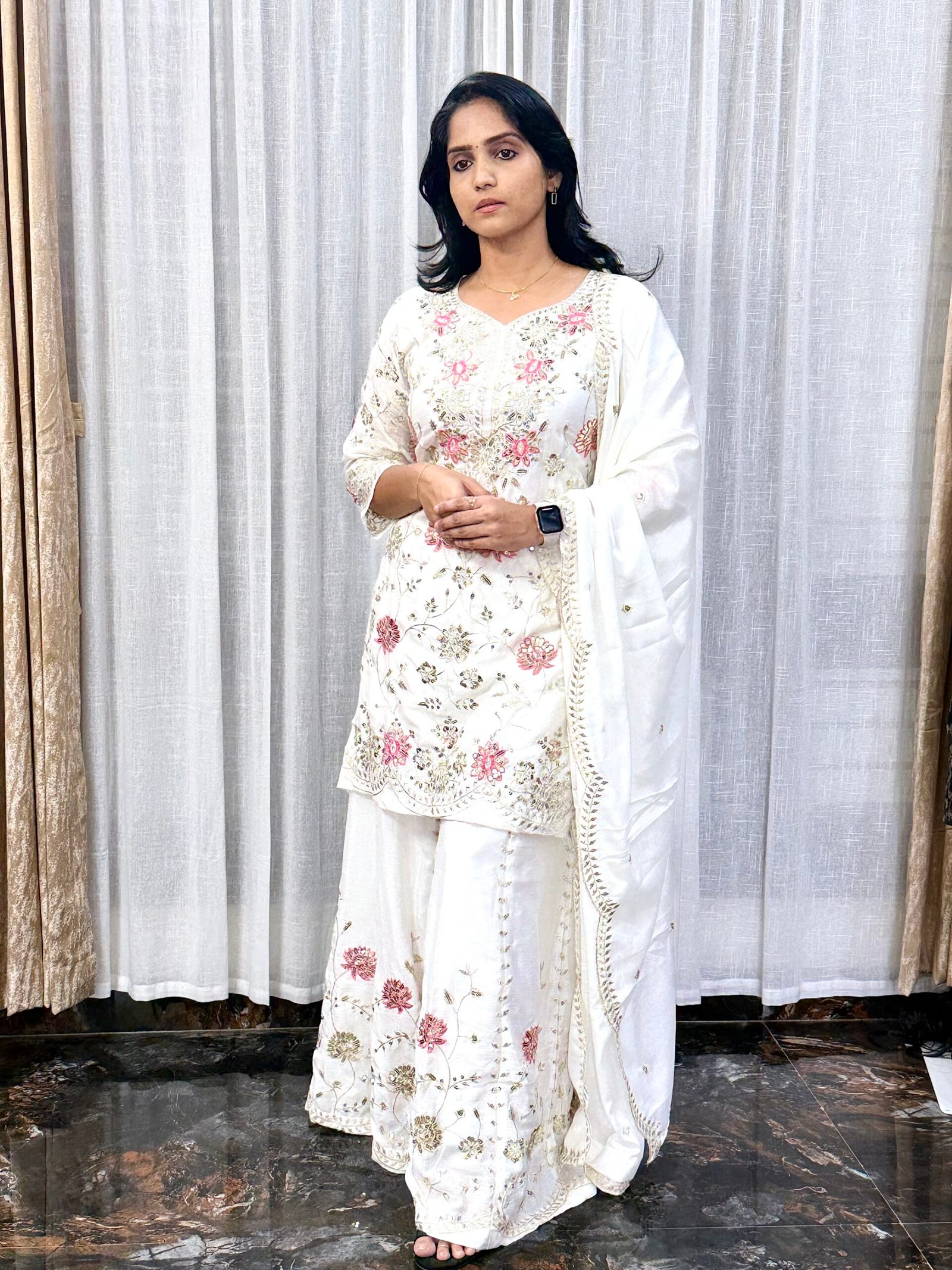 Metallic White Georgette Sharara Set with Sequence Work and Cut Work Dupatta | 3SS24072501
