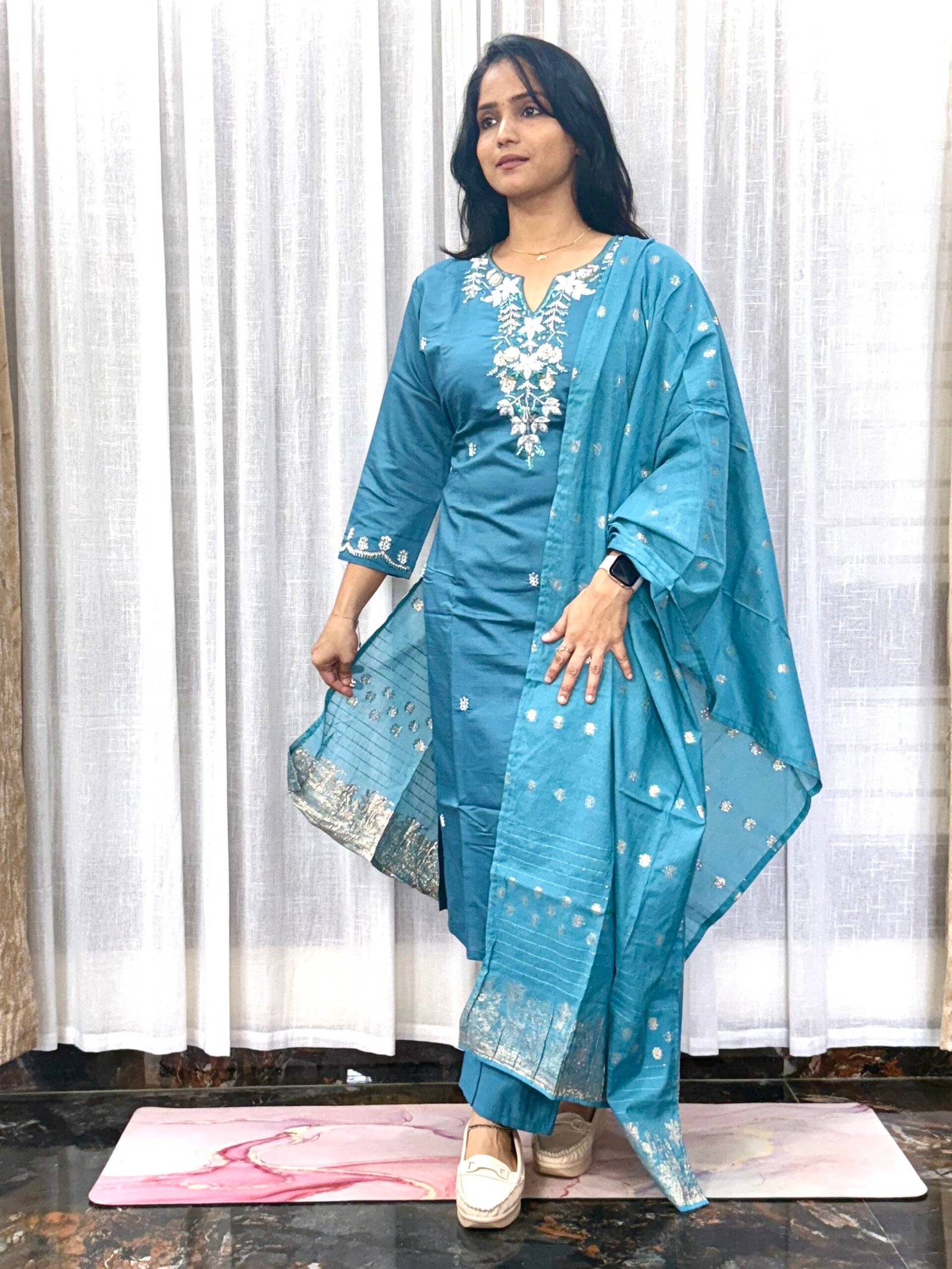 Vatican Fabric 3 Pc Set with Silver Cut Bead Work & Zari Sequin Dupatta |