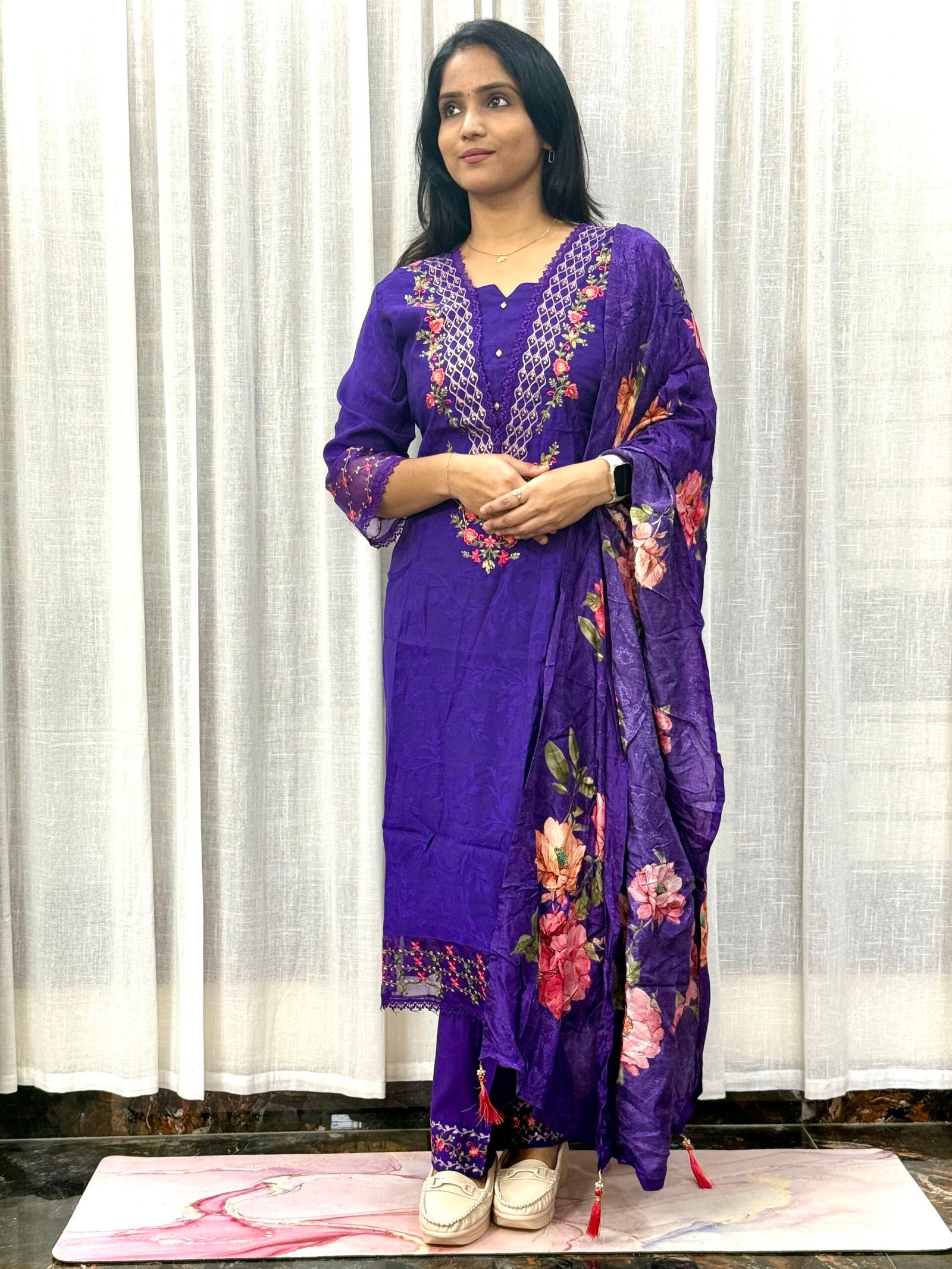 Premium Viscose Silk 3 Pc Set with Cut Dana & Thread Work + Crepe Silk Floral Dupatta | 3S24072517