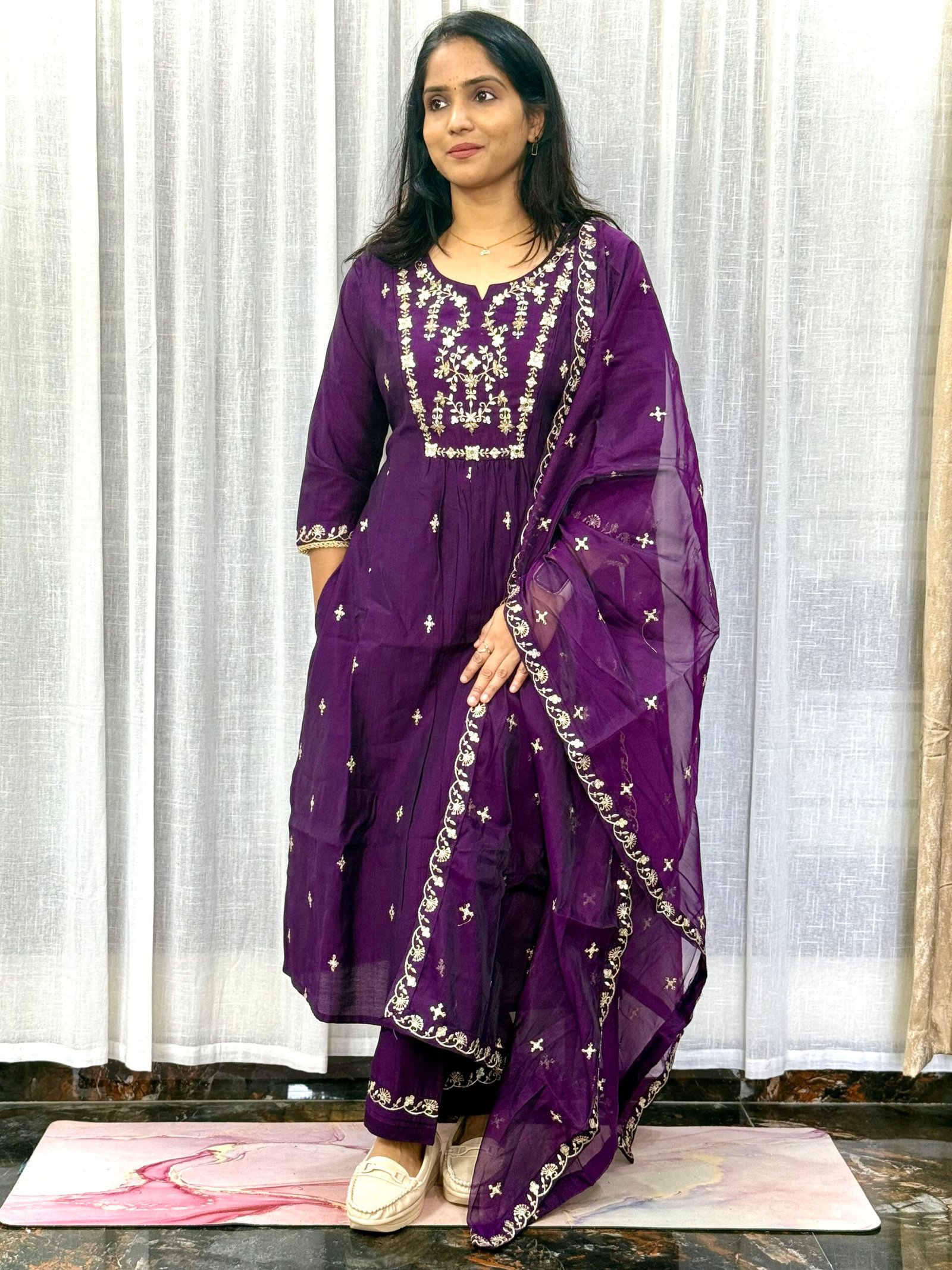 Vatican Fabric Nyra Cut 3 Pc Set with Thread, Mirror & Cut Dana Work + Organza Dupatta | 3S24072514