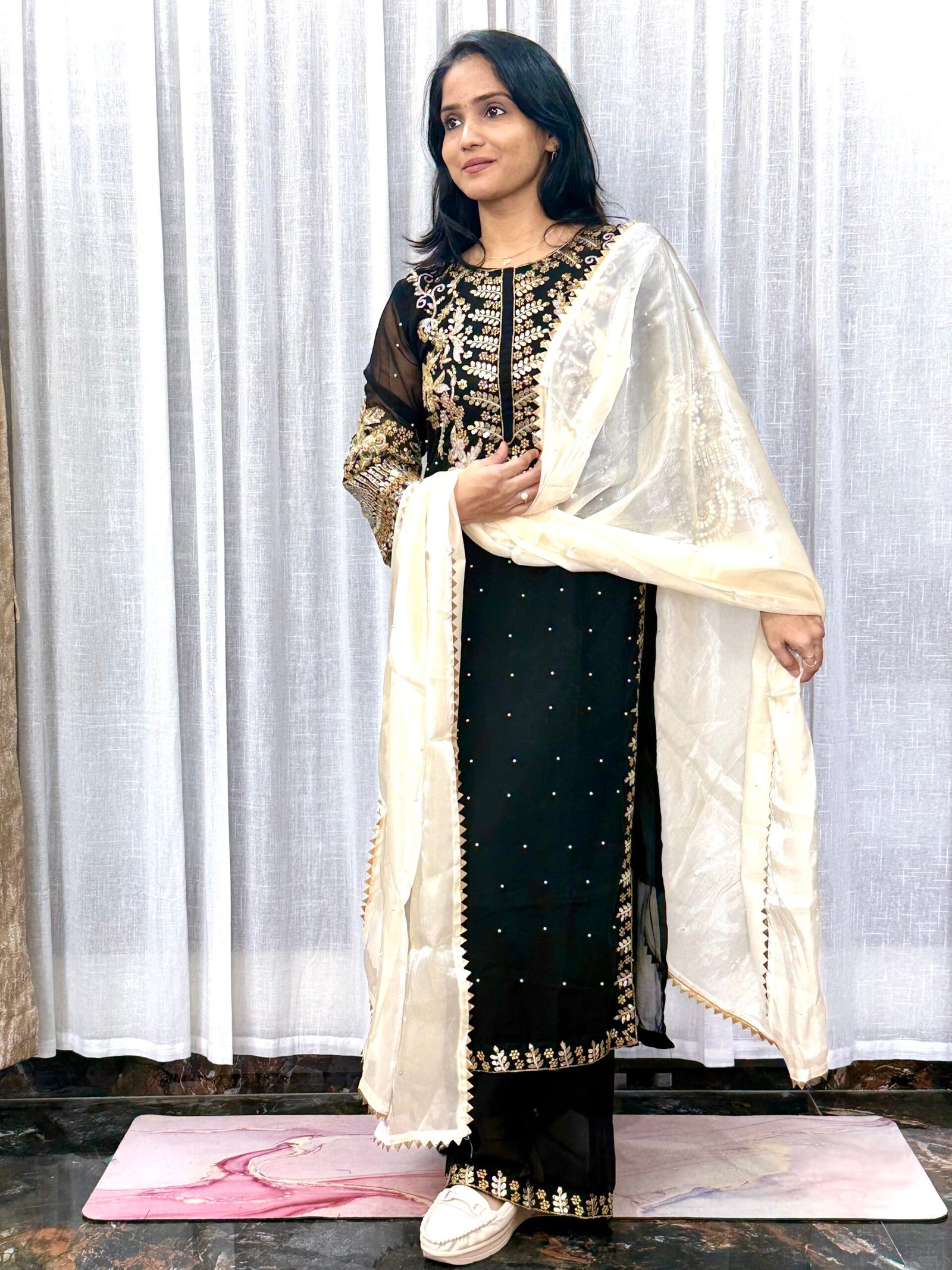 Black Georgette Kurti Set with Sequin & Pearl Work | Lined Palazzo & Contrast Dupatta