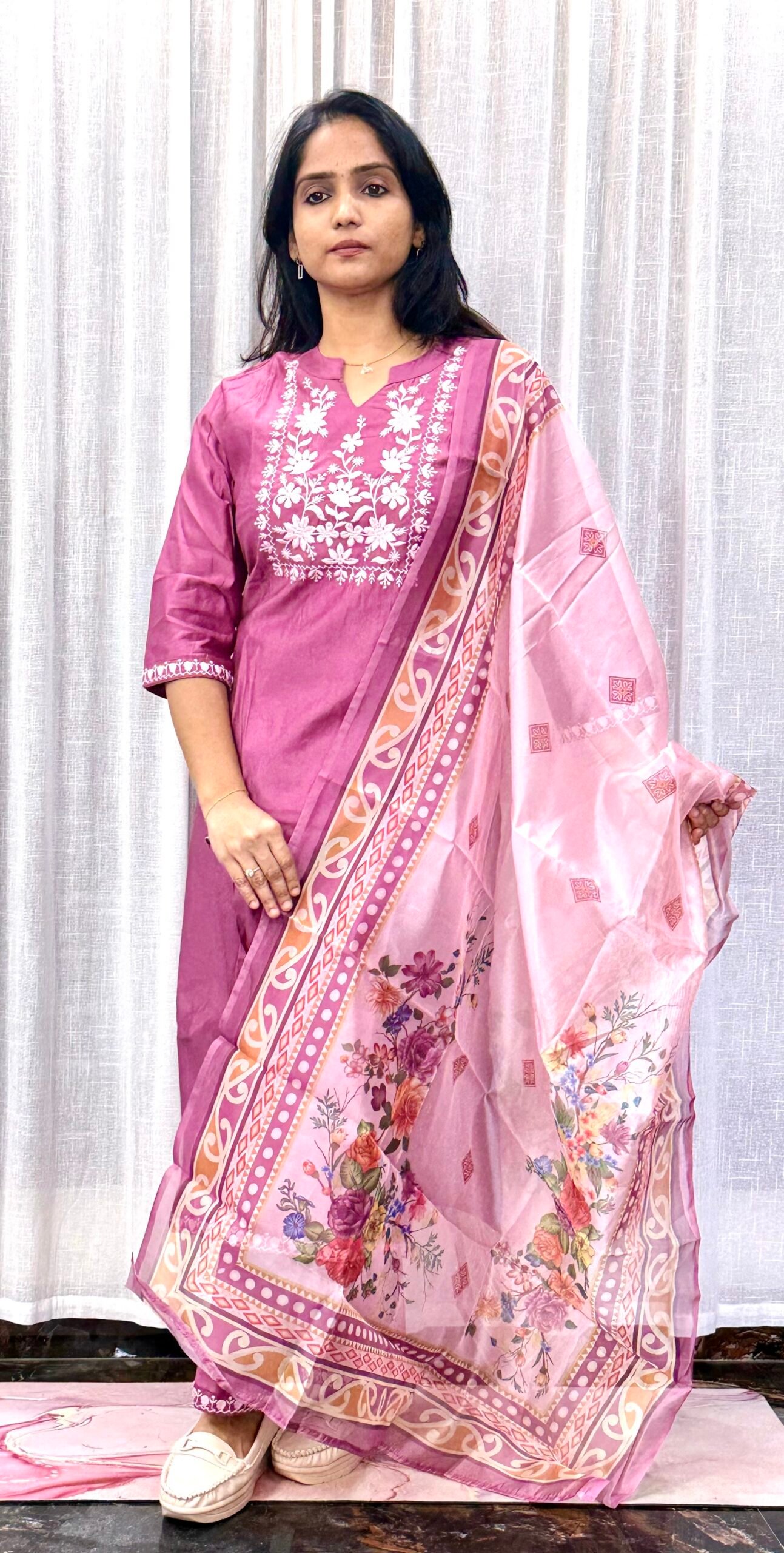 Premium Viscose Silk 3 Pc Set with Thread Work + Organza Floral Dupatta | 3S24072516