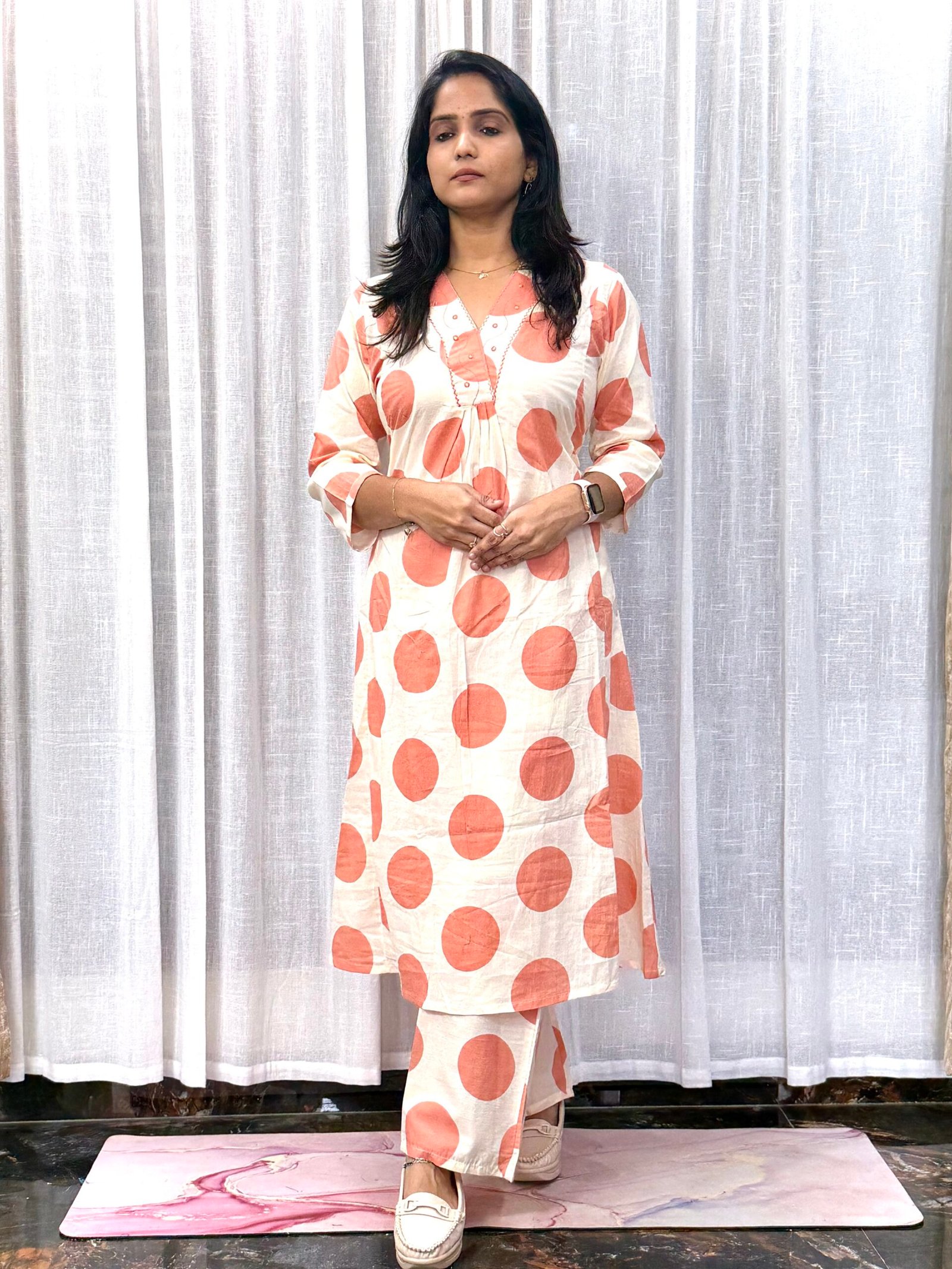 Pure Cotton 2 Pc Co-ord Set with A-Line Kurti & Big Polka Dots | 3S24072511