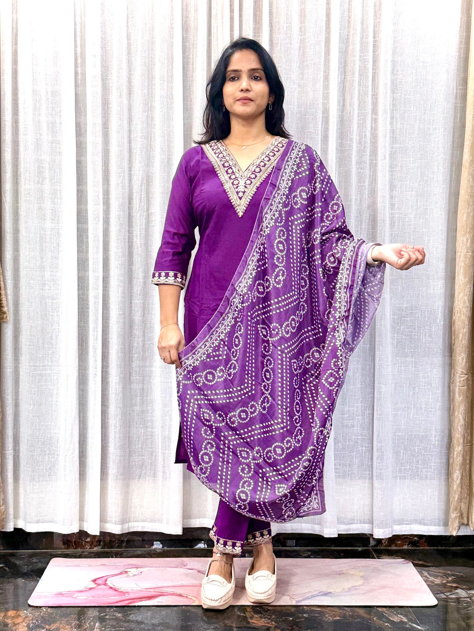 Roman Silk 3 Pc Set with V-Neck Sequin Kurti & Bandhani-Style Silk Dupatta | 3SS24072504