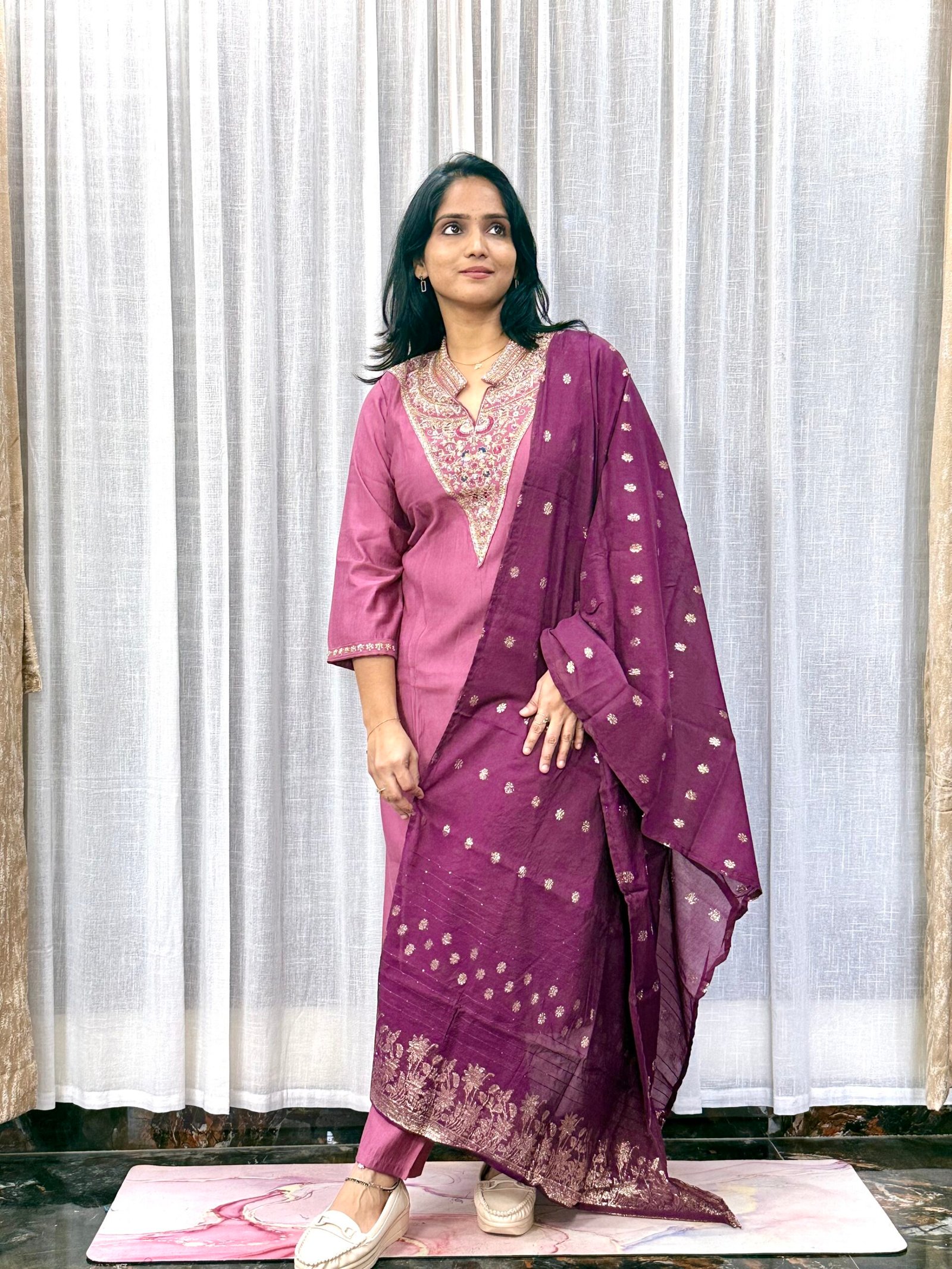 Onion Pink Vatican Fabric Kurti Set with Pearl Work & Contrast Dupatta