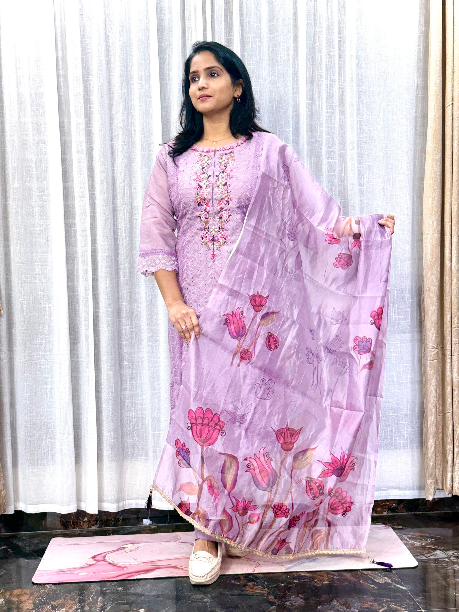 Lavender Hakoba Cotton 3 Pc Set with Cut Beads, Thread Work & Organza Digital Print Dupatta | 3S24072513