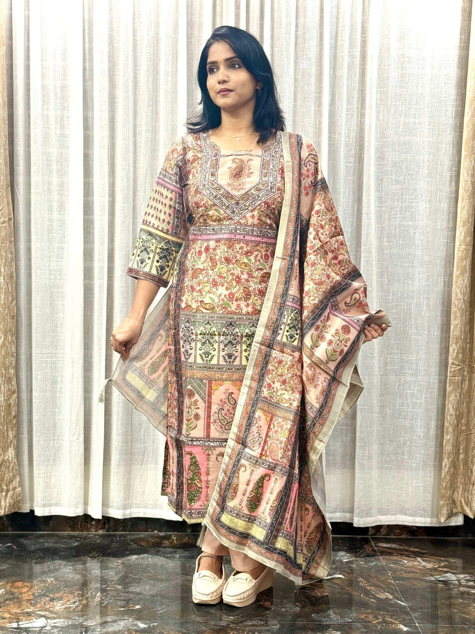 Metallic Peach Rajasthani Style Dress |3S24072520