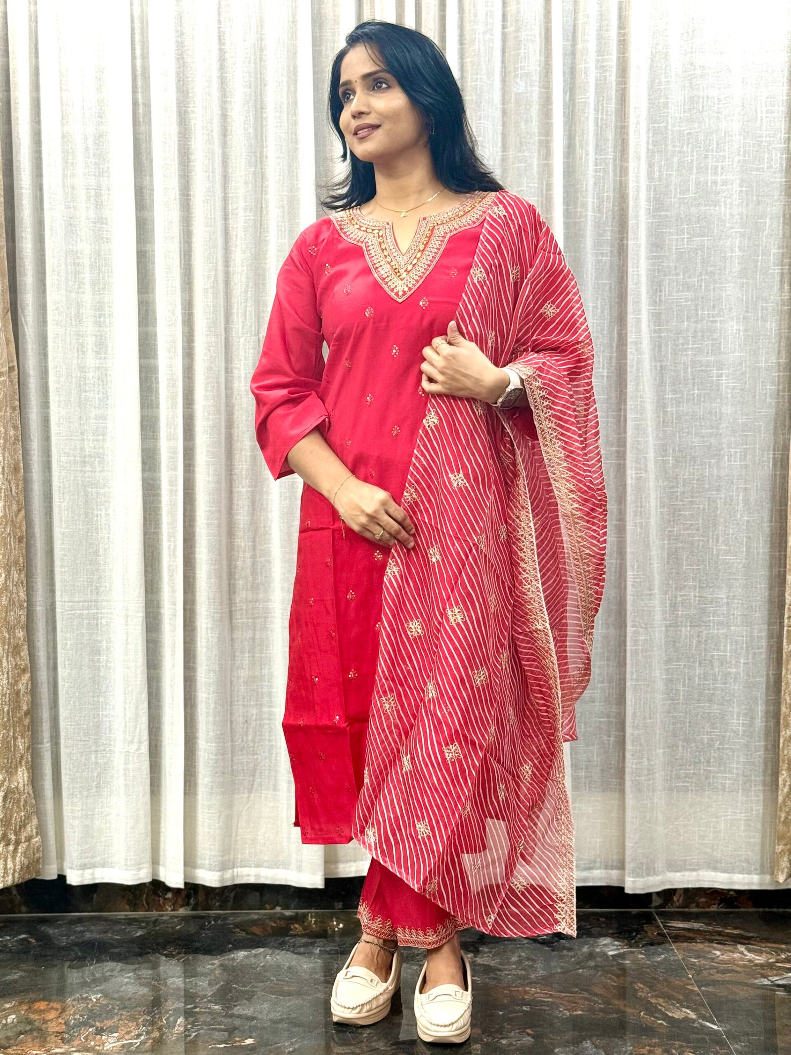 Festive Red Roman Silk Set with All-Over Sequin Work & Golden Border Dupatta | 3S30072501
