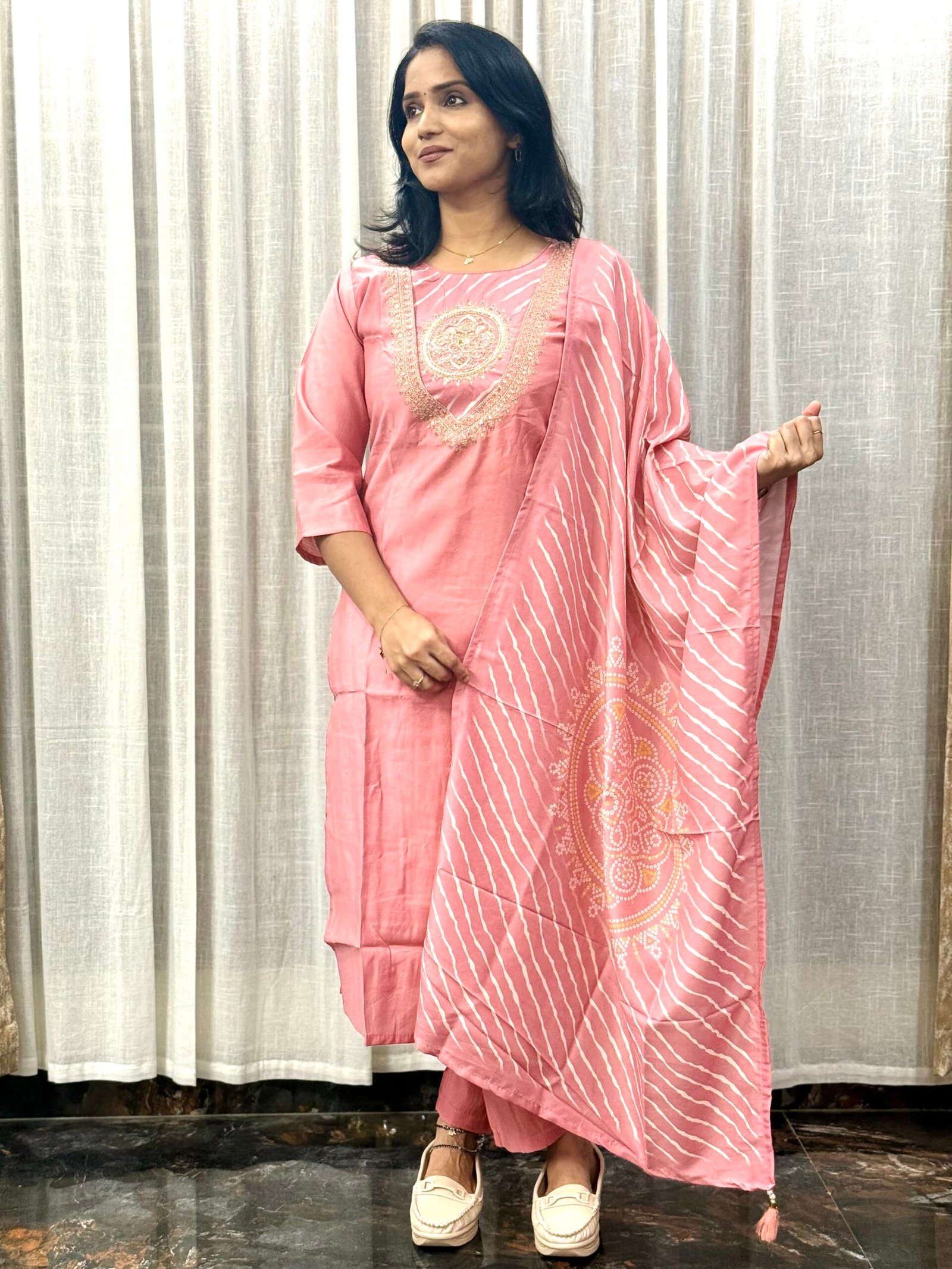 Elegant Roman Silk Dress with Full-Length Kurti Lining and Smooth Festive Drape | 3S30072503