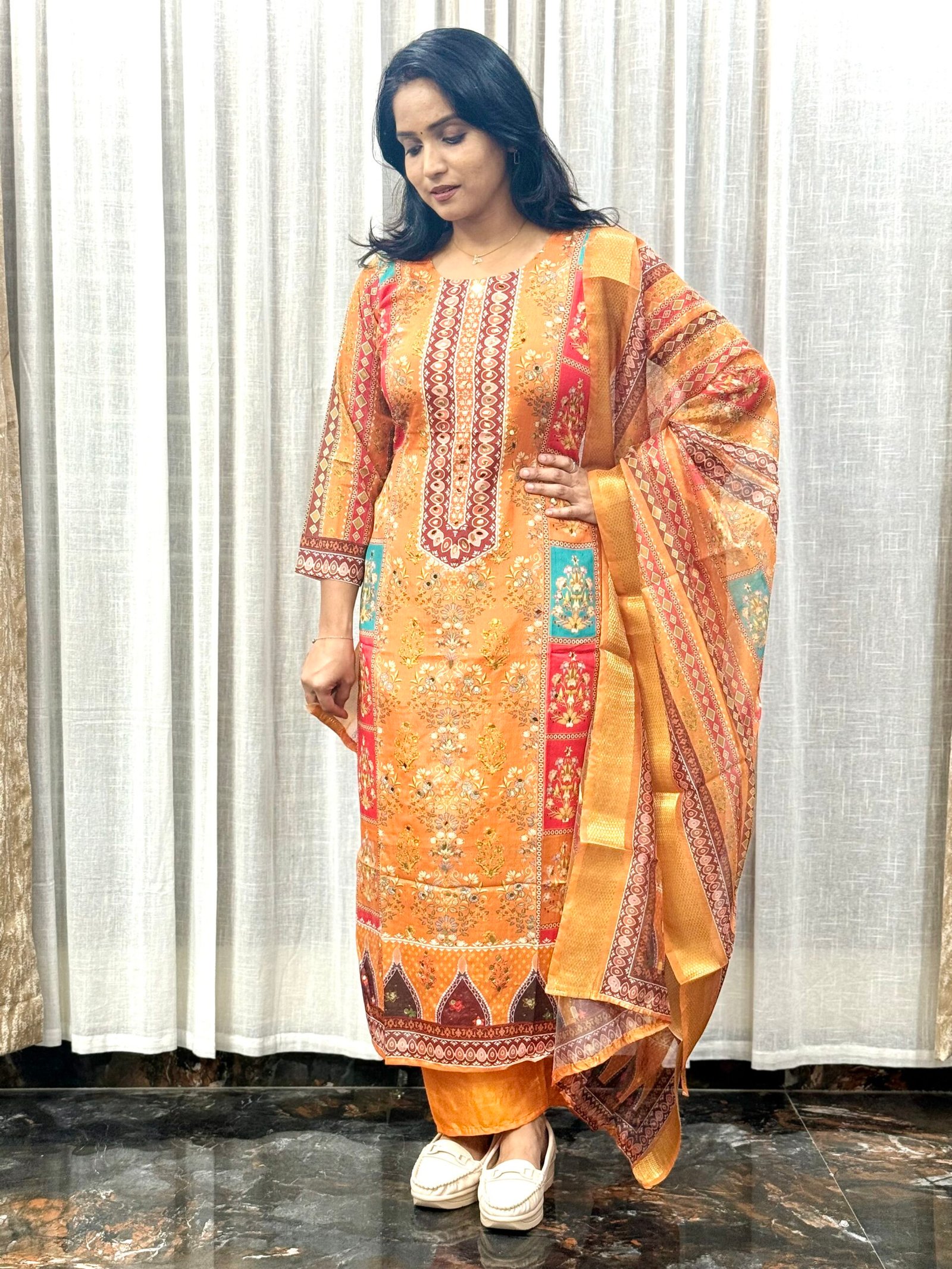 Vibrant Orange Semi Crepe Silk Rajasthani Dress with All-Over Mirror Work and Full Lining | 3S30072502