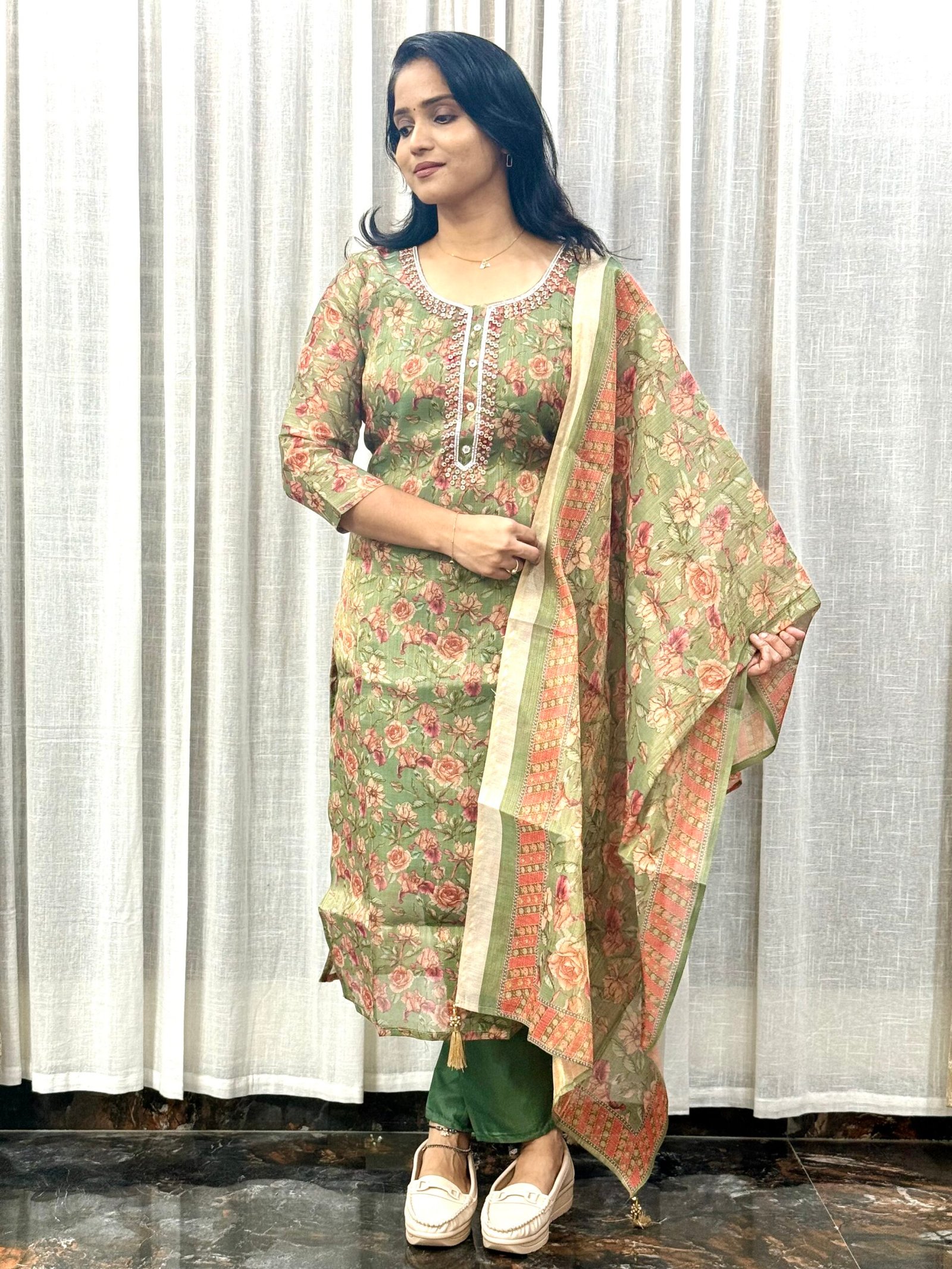 Metallic Green Tissue Silk Dress with Full-Length Lining and 2.3m Dupatta for Office and Casual Wear | 3S30072505