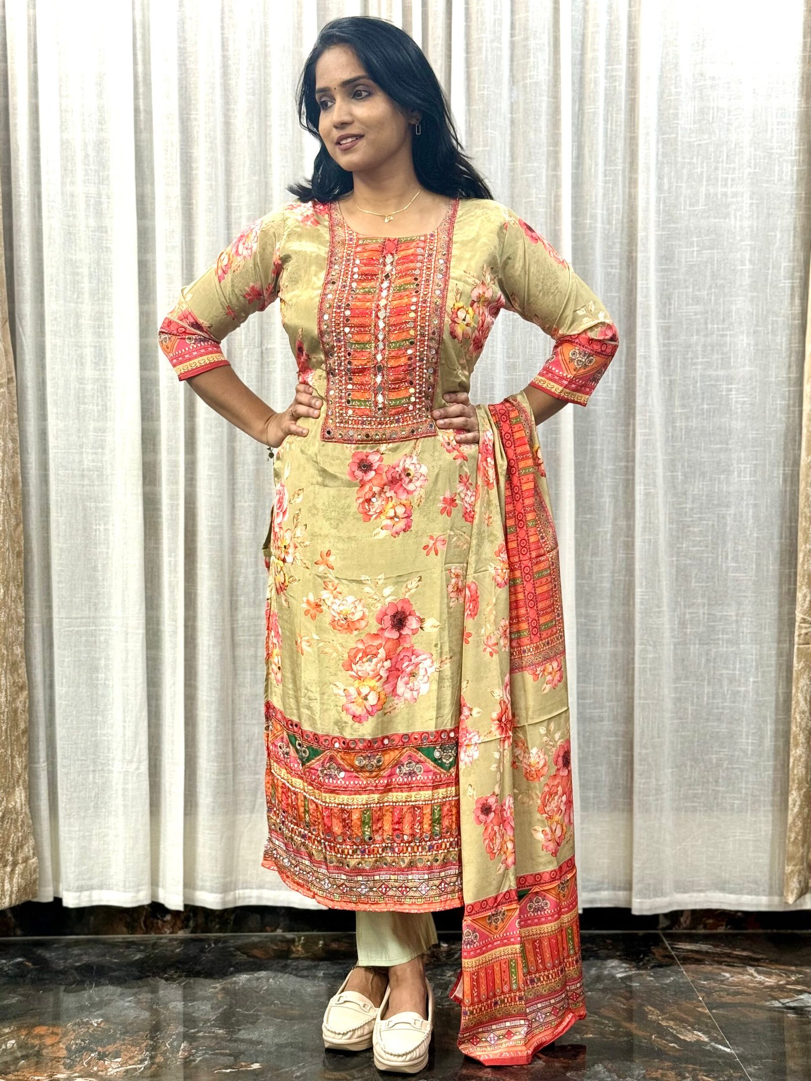 Pure Crepe Silk Rajasthani Style 3-Piece Set with Cut Dana Mirror Work and 2.2m Digital Print Dupatta | 3S30072507
