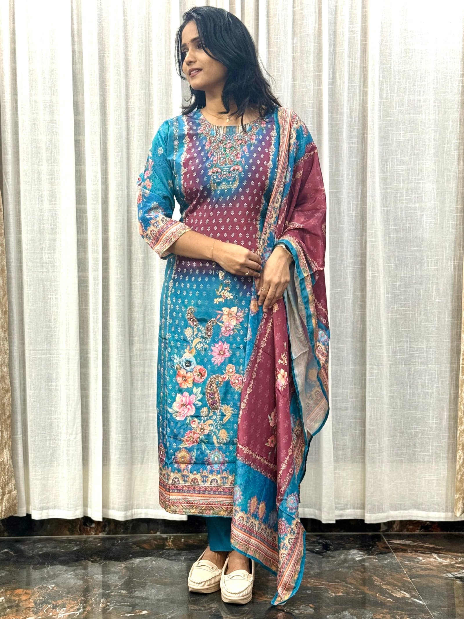 Pure Crepe Silk Peacock Blue Dress with Hand Work | 3S30072508