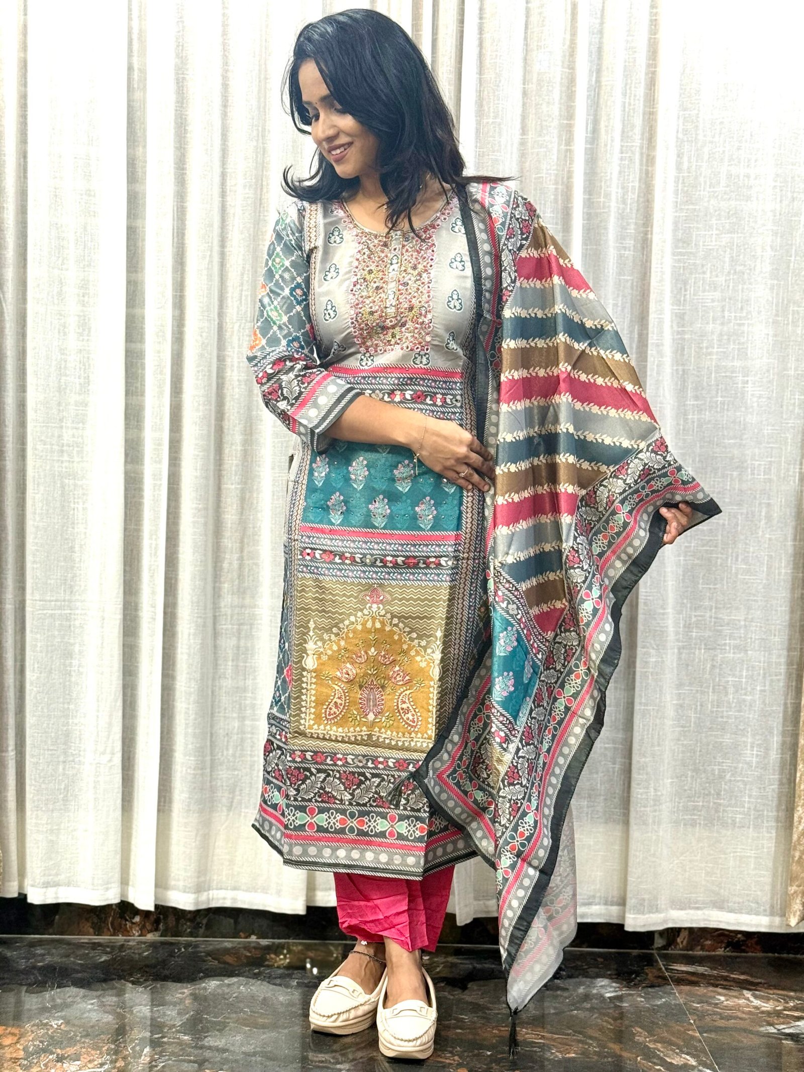 Tissue Silk Rajasthani Style Dress with Cut Beads Work Contrast Bottom | 3S30072509