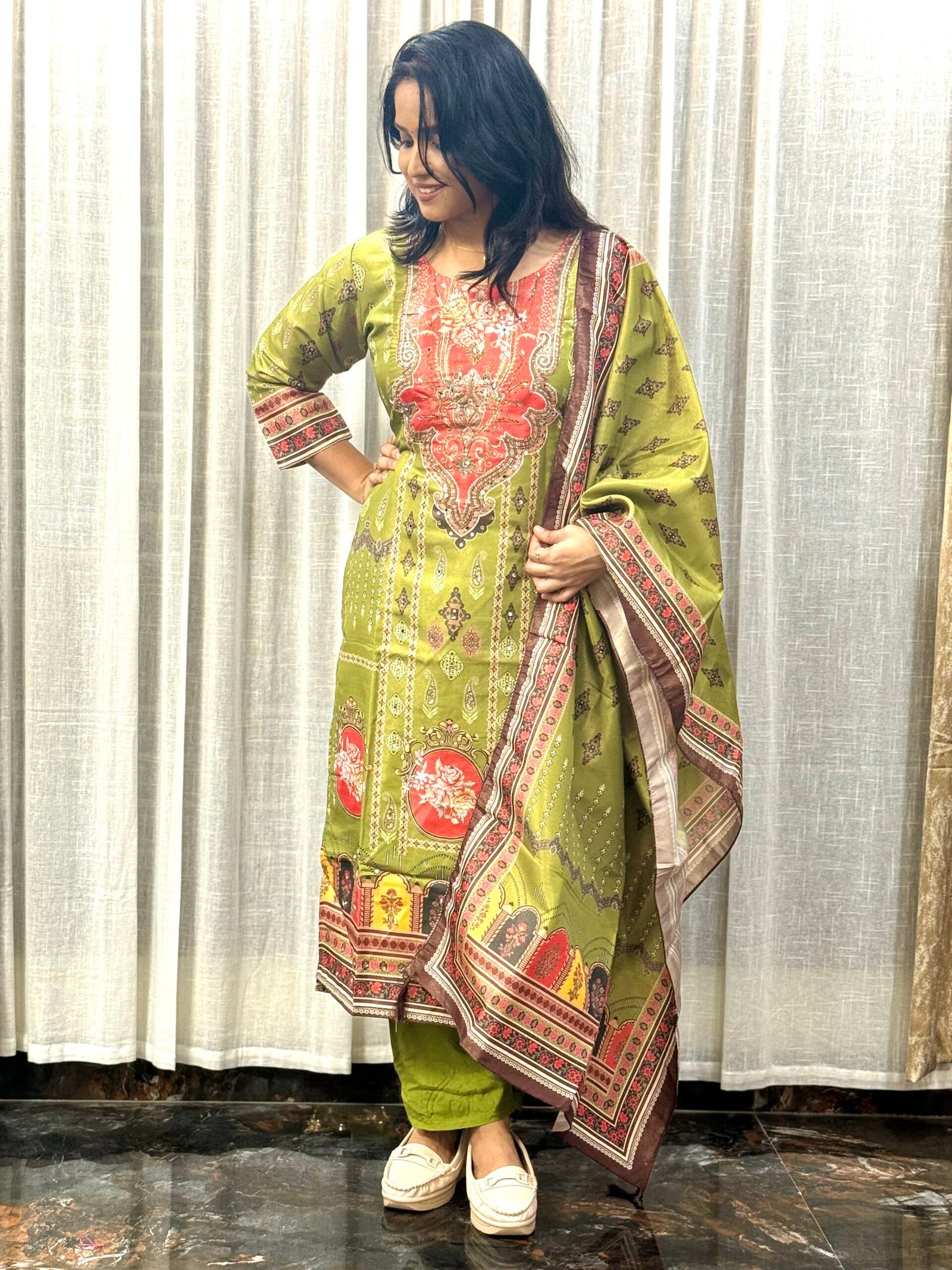 Green Shimmer Tissue Silk Dress with Gold Mirror Work Full Lining and 2.3m Tassel Dupatta for Mehendi Look | 3S30072506