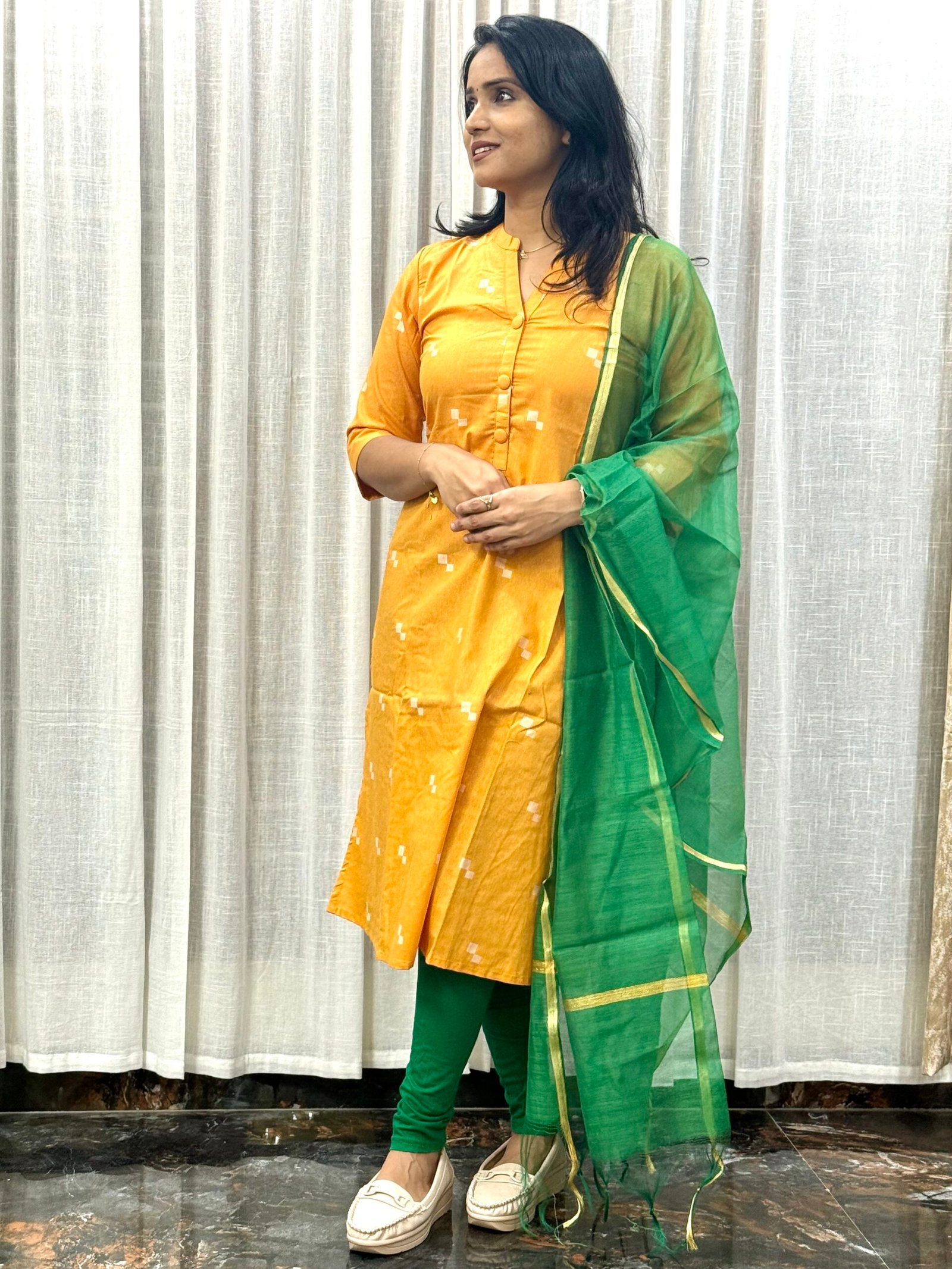Pure Mangalgiri Cotton Dress with Side Cuts Pocket Show Buttons and 2.3m Contrast Cotton Dupatta | 2S30072508