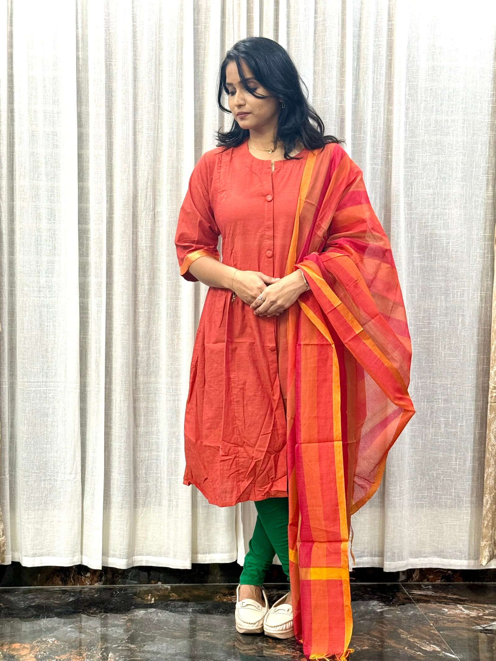 Plain Mangalgiri Cotton A-Line Kurti with 2.4m Pure Cotton Dupatta | 2S30072511