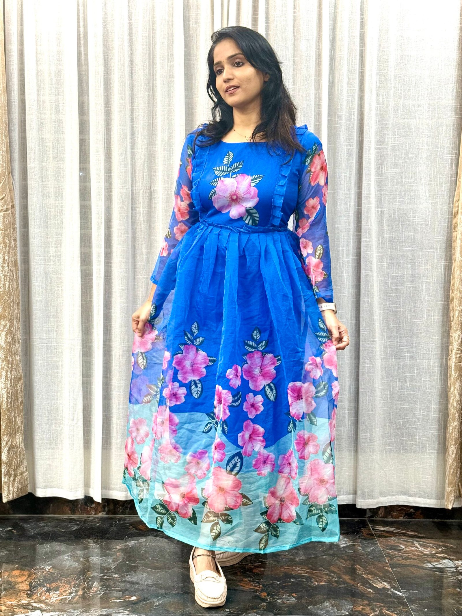 Floral Digital Print Organza Gown with Lining – Elegant Party Wear | 1S01082501