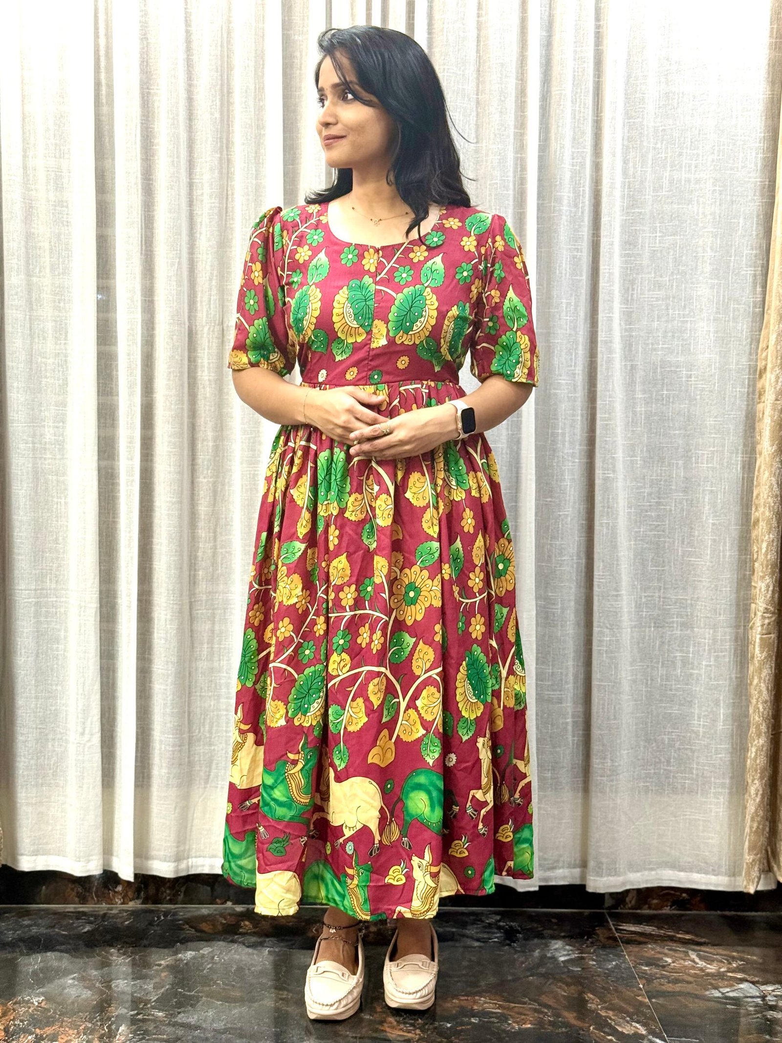 Soft Silk Front Open Maternity Dress with Lining – Dual Use Wear 45-47 Inch Length | 1S30072510