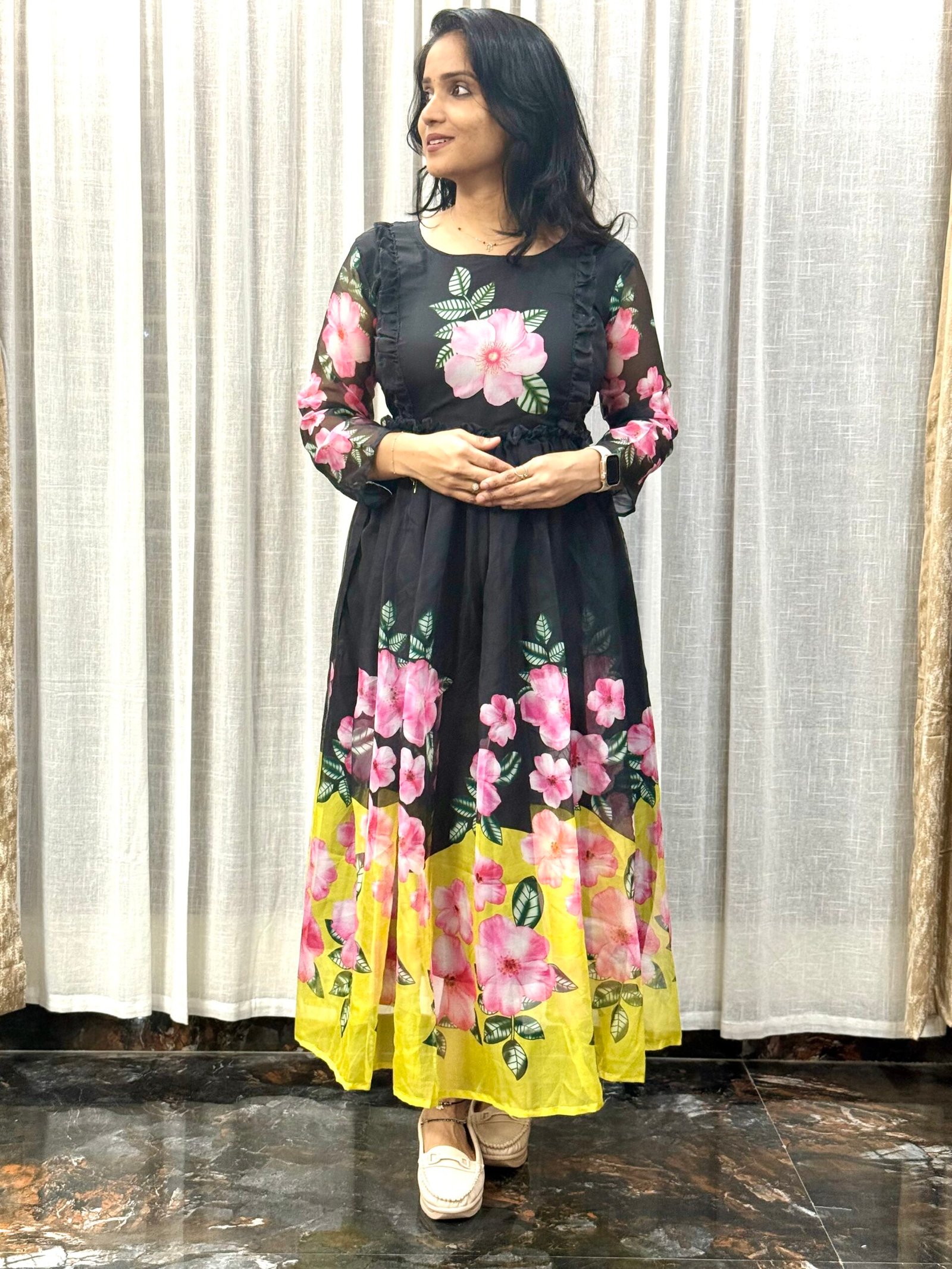 Floral Digital Print Organza Gown with Lining – Elegant Party Wear | 1S01082511
