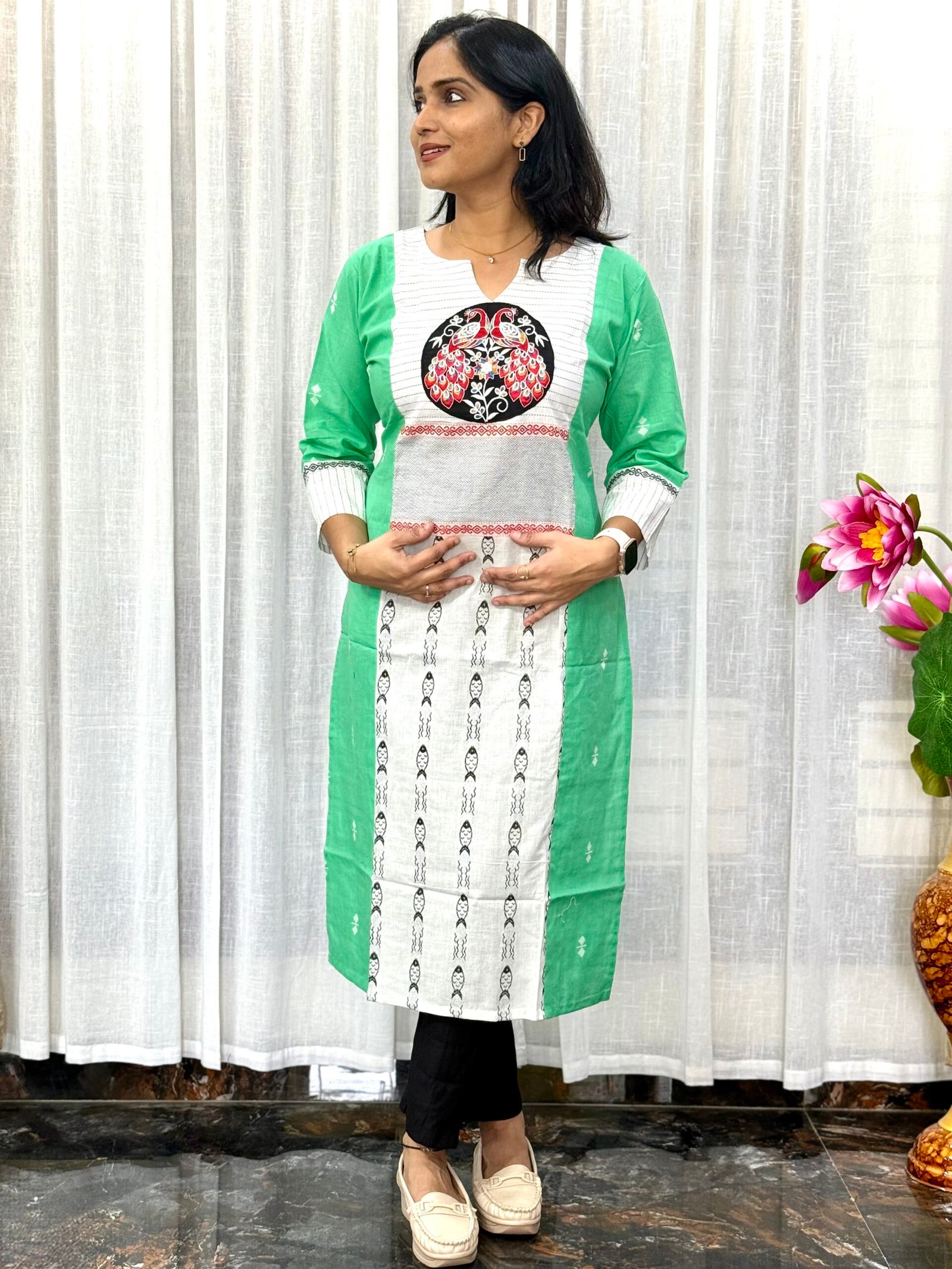 Embroidered Cotton Kurti with Lace Detailing (1S05082504)