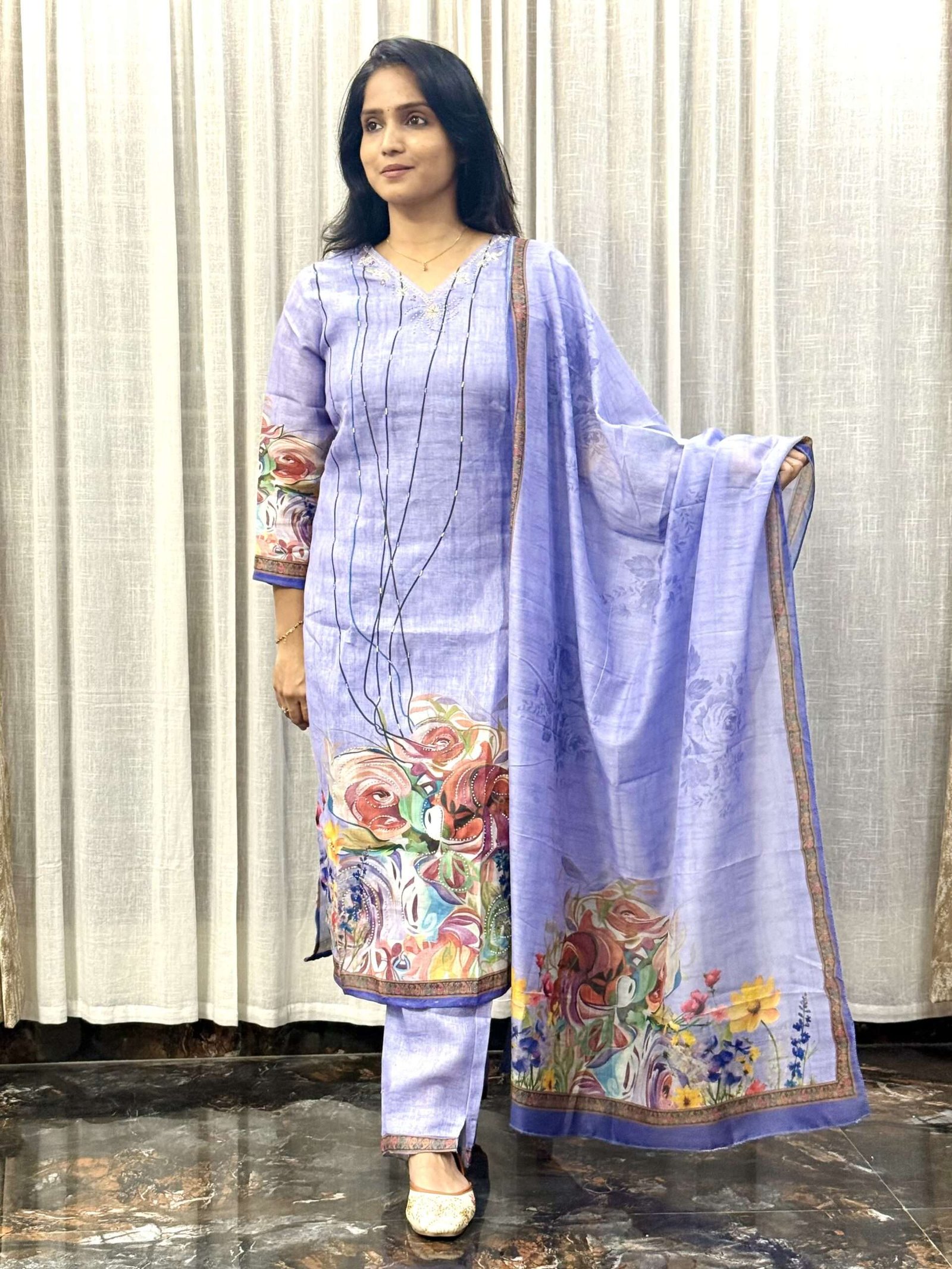 Linen Kurti Set with Digital Print & Pearl Design (3S10082509)
