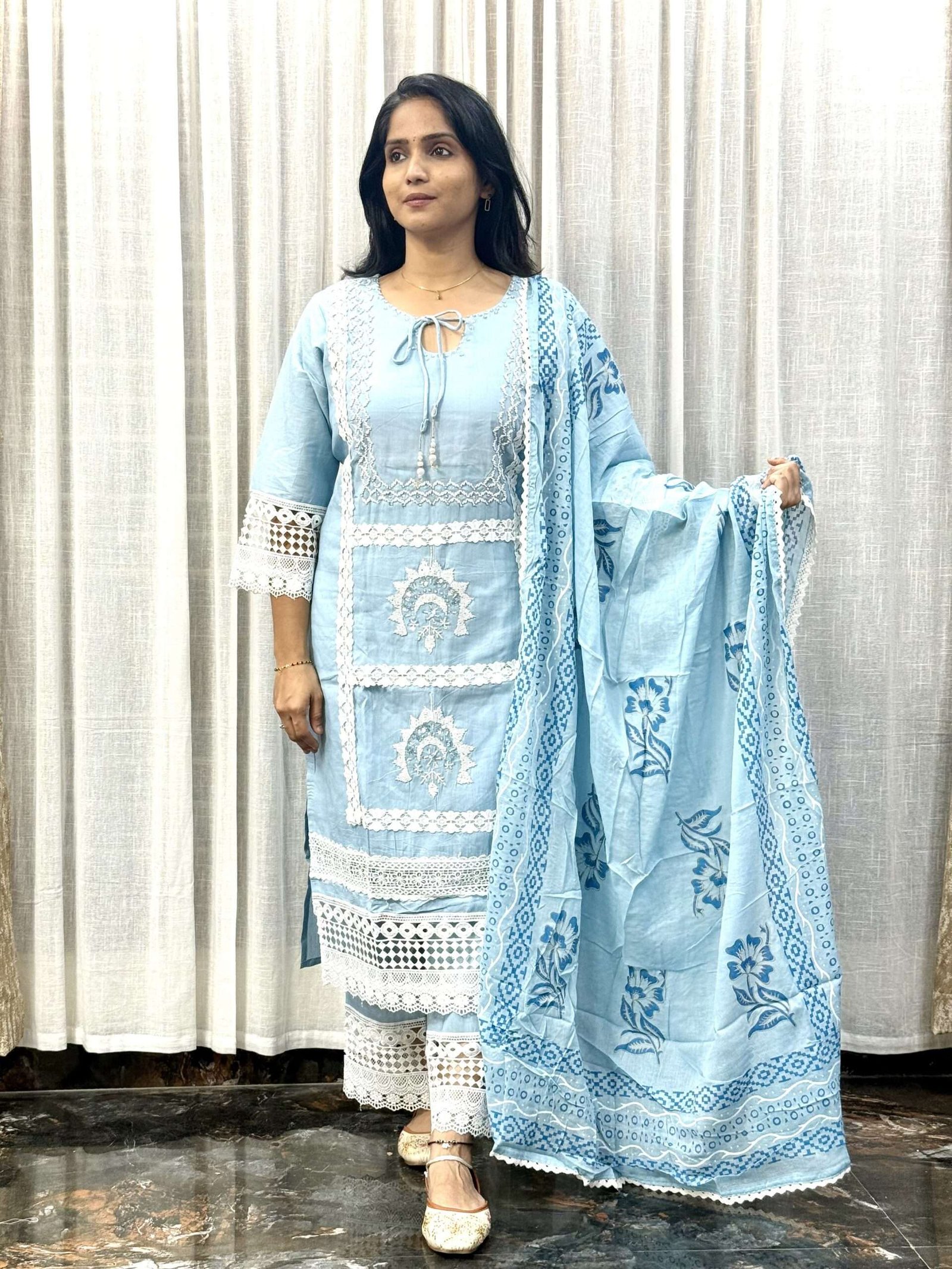 Linen Cotton Kurti Set with Tassels & Pearl Work (3S10082502)