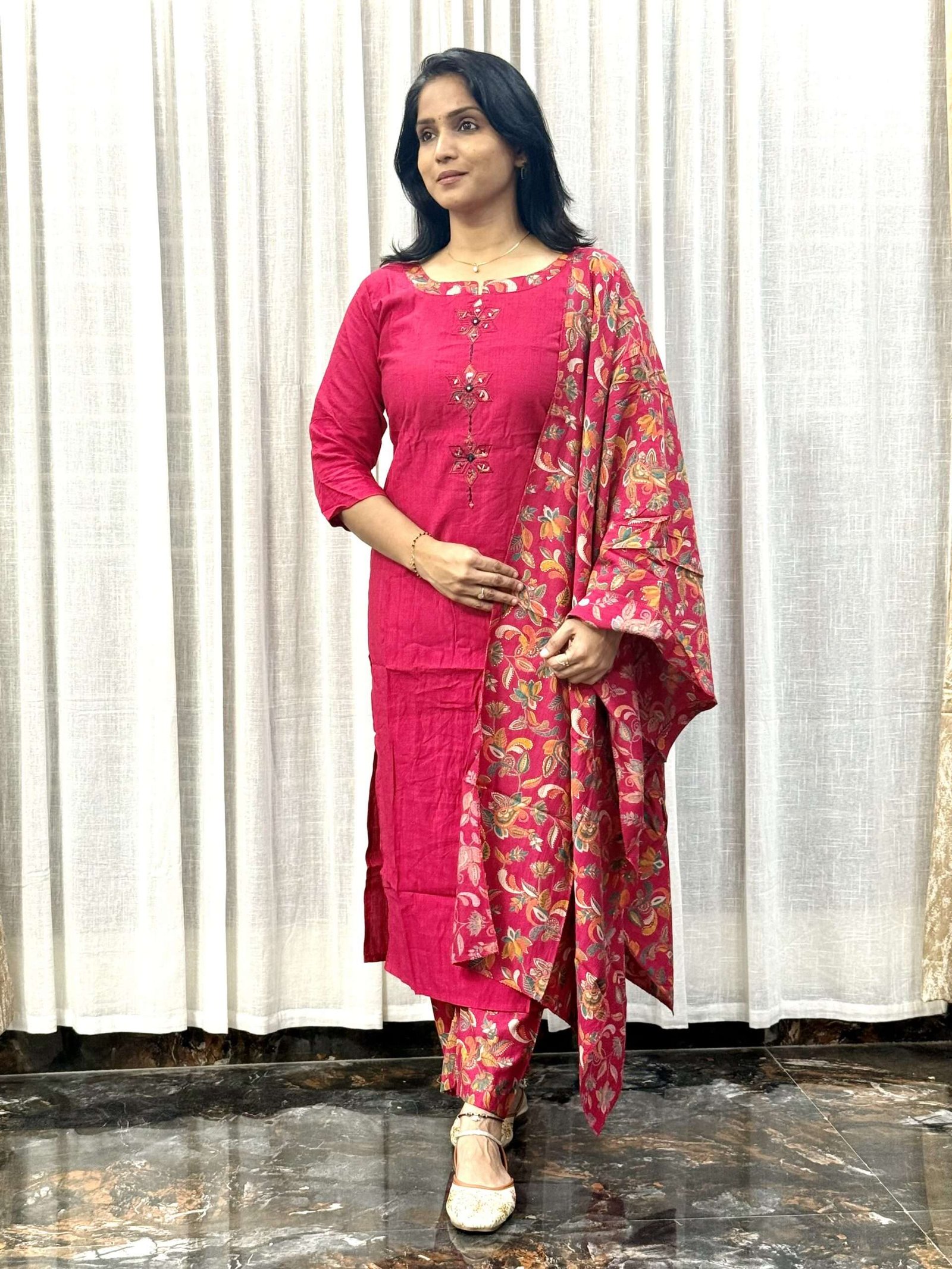 Cotton Kurti Set with Printed Pants & Dupatta (3S10082507)