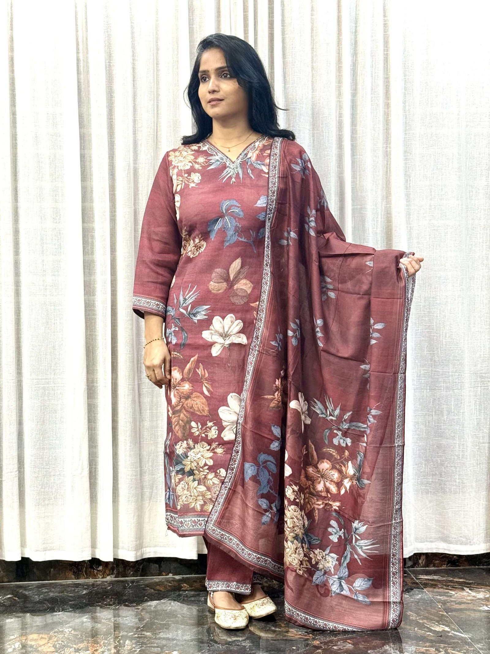Linen Cotton Kurti Set with Tassels & Pearl Work (3S10082514)